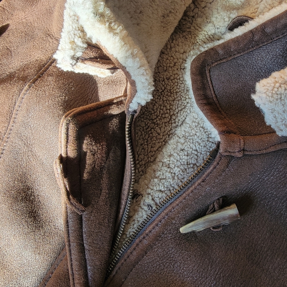 vintage brown shearling wool heavy car coat duffle toggle hooded oversized 90s - Picture 4 of 8